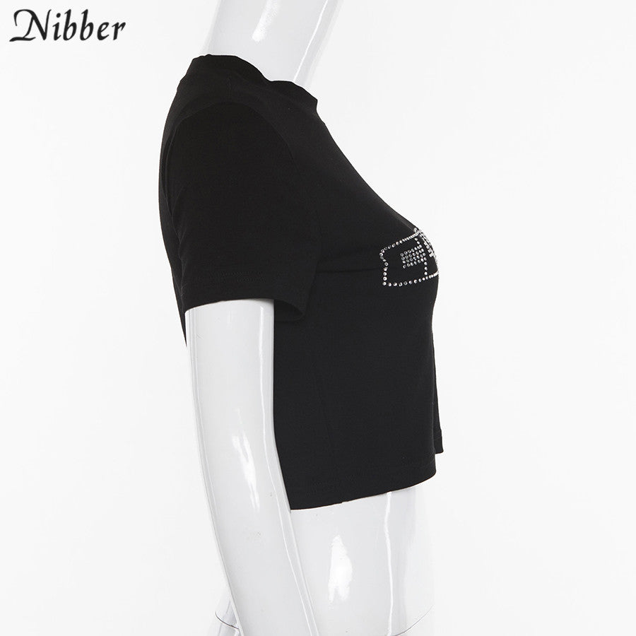 Nibber black Letter Rhinestone cotton T Shirts women summer Navel Bare Cropped Streetwear Fashion Top Tee Slim Fit Short T-shirt