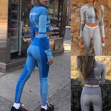 Kliou women fitness two pieces set tracksuit long sleeve crop top letters print elastic skinny leggings sportswear slim outfit