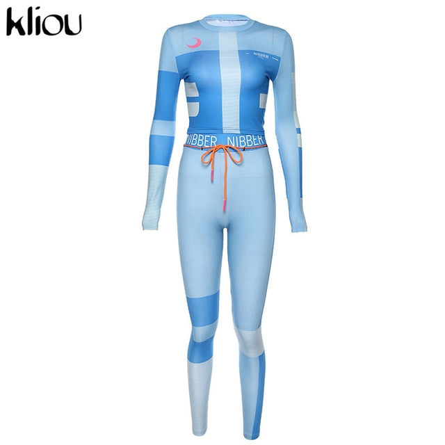 Kliou women fitness two pieces set tracksuit long sleeve crop top letters print elastic skinny leggings sportswear slim outfit